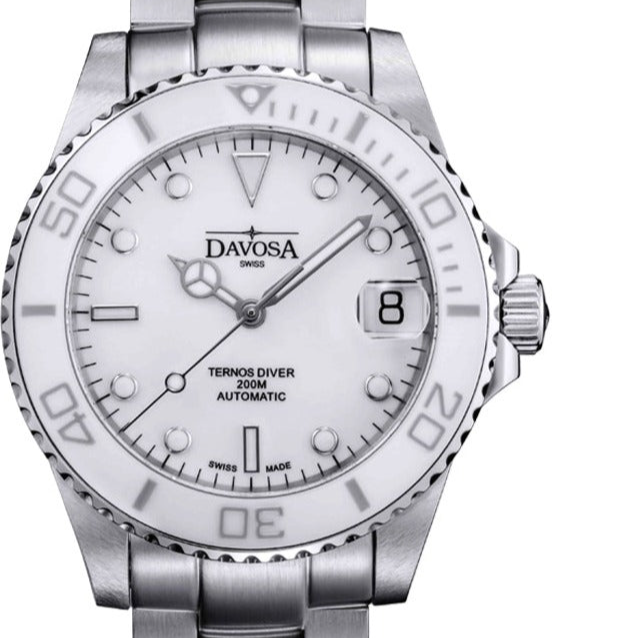 Ternos Medium Automatic Swiss-Made White Diving Watch 16619510 Diver Davosa USA Official Distributor. Prices are Final. Tax & duties included. 36.5mm White TriaLink