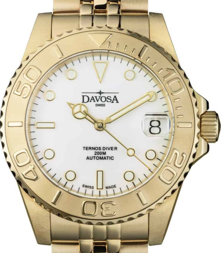 Ternos Medium Automatic Swiss-Made Gold-Tone White Diving Watch Diver DAVOSA Swiss PentaLink