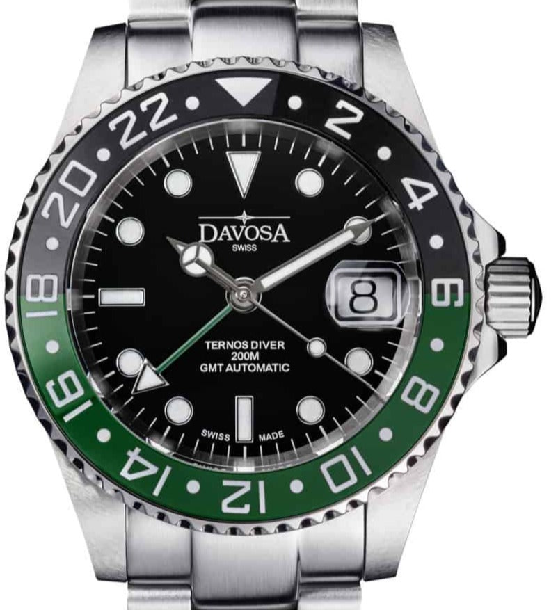 Ternos Ceramic Automatic GMT Swiss-Made Black Green Diving Watch 16159070 GMT Davosa USA Official Distributor. Prices are Final. Tax & duties included. 40mm Green TriaLink