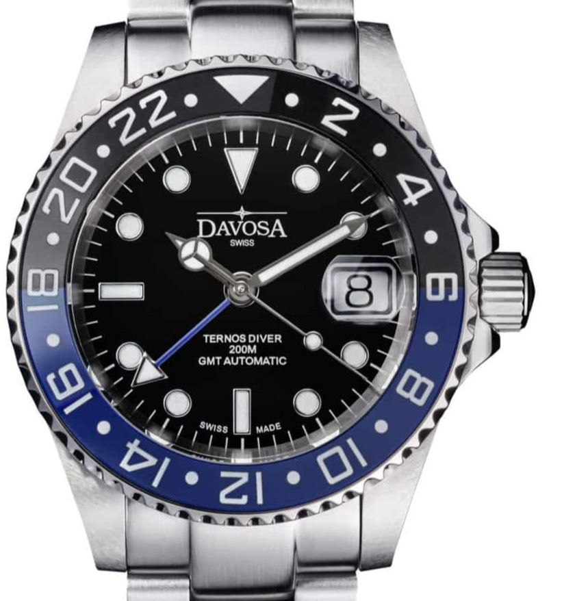 Ternos Ceramic Automatic GMT Swiss-Made Black Blue Diving Watch 16159040 GMT Davosa USA Official Distributor. Prices are Final. Tax & duties included. 40mm Black-Blue TriaLink