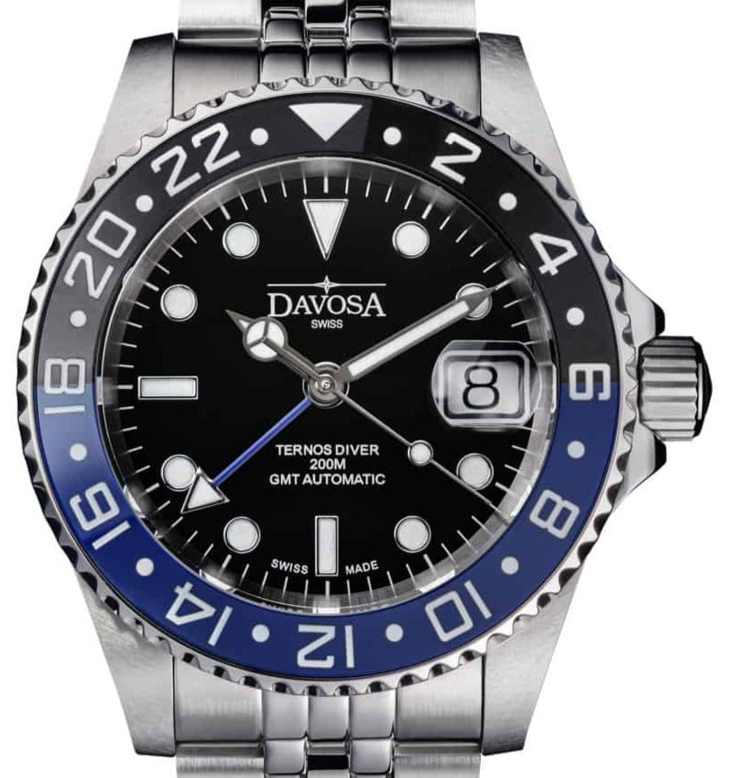 Ternos Ceramic Automatic GMT Swiss-Made Black Blue Diving Watch 16159004 GMT Davosa USA Official Distributor. Prices are Final. Tax & duties included. 40mm Black-Blue PentaLink