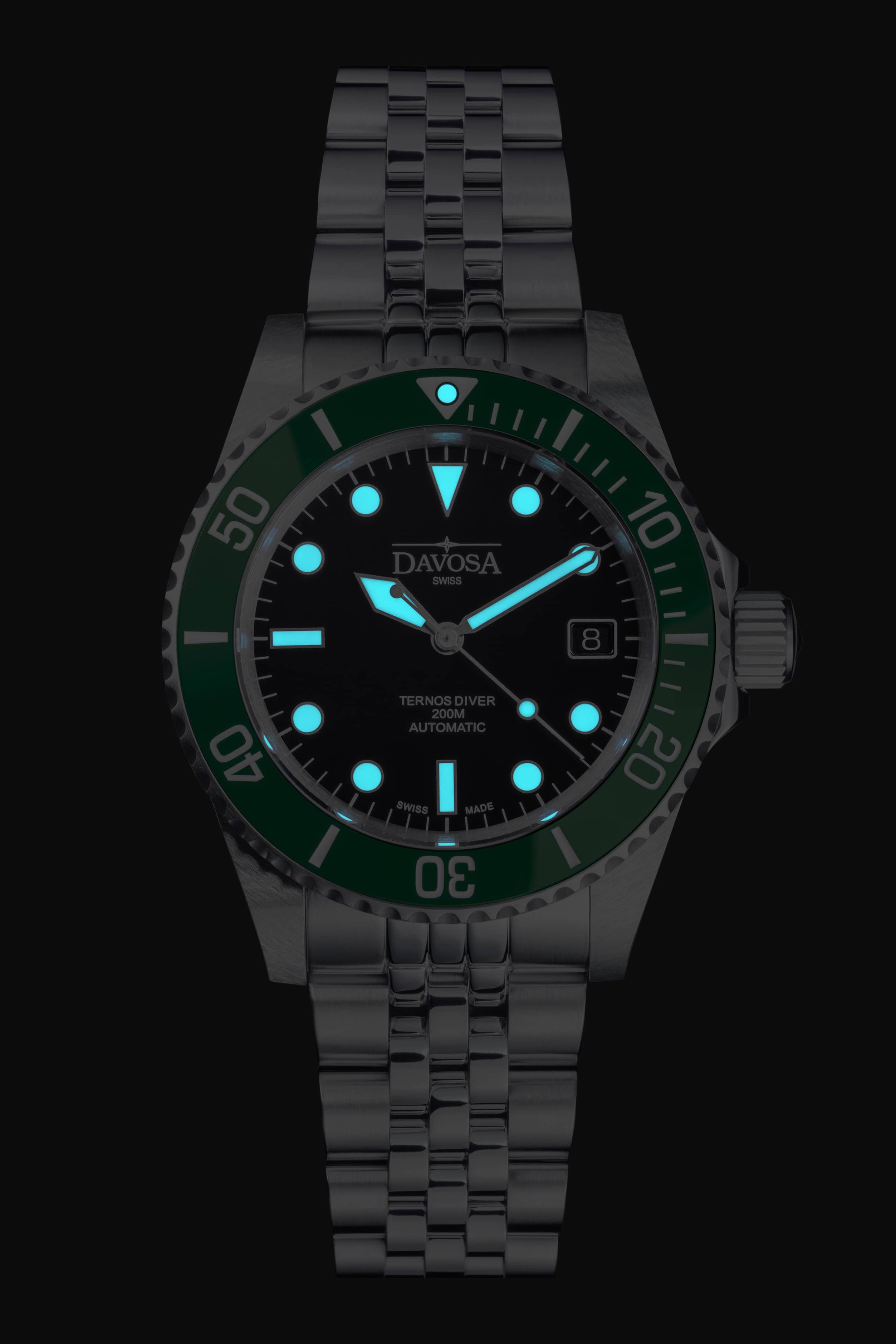 Ternos Diver Automatic 200m Swiss-Made Green and Black Unisex Diver Watch 161.552.07 With Loupe and Pentalink bracelet Diver Davosa USA Official Distributor. Prices are Final. Tax & duties included.