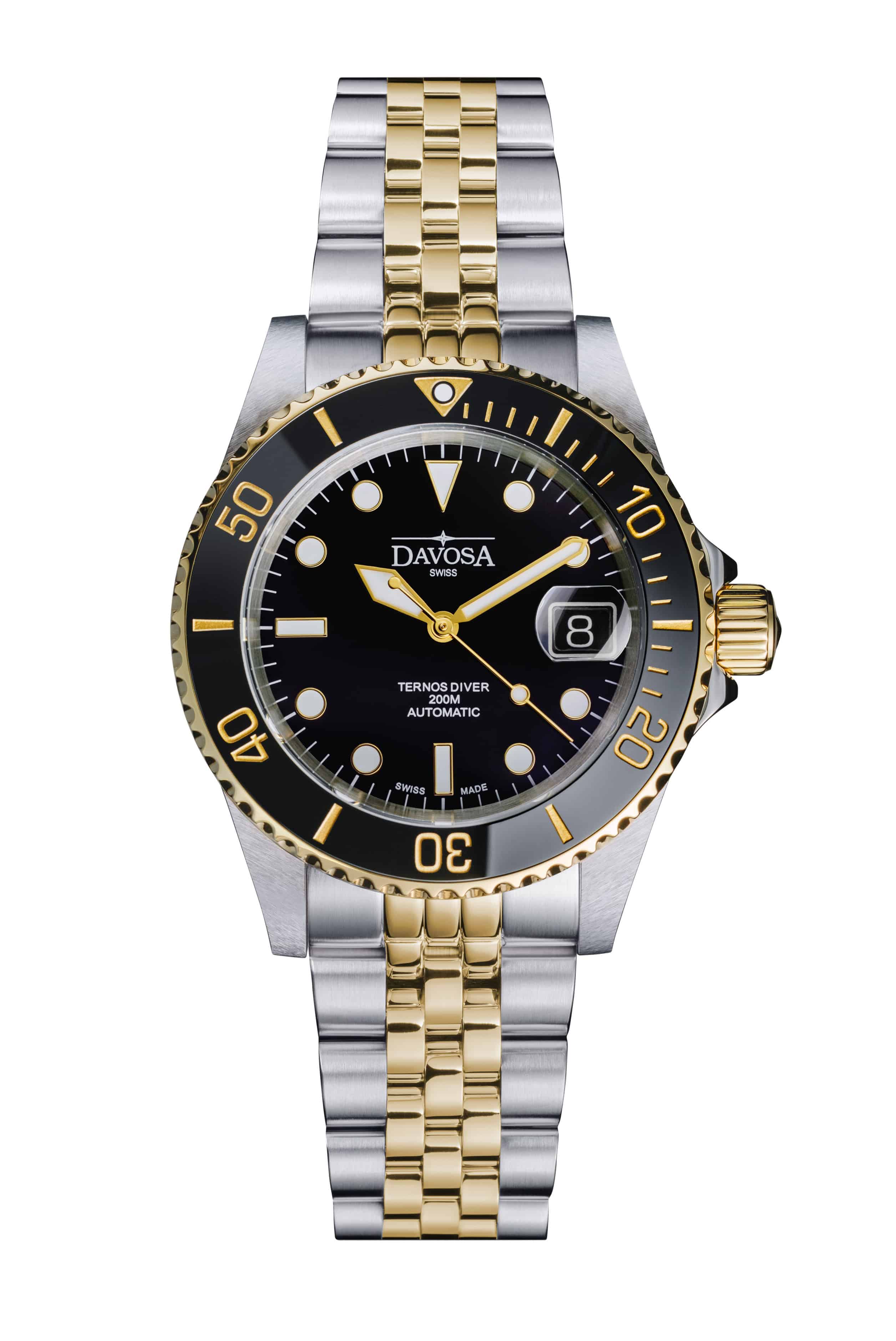 Ternos Diver Automatic Two-Tone 200m Swiss-Made Gold and Black Unisex Diver Watch 161.553.05 With Loupe and Pentalink Bracelet Diver Davosa USA Official Distributor. Prices are Final. Tax & duties included.