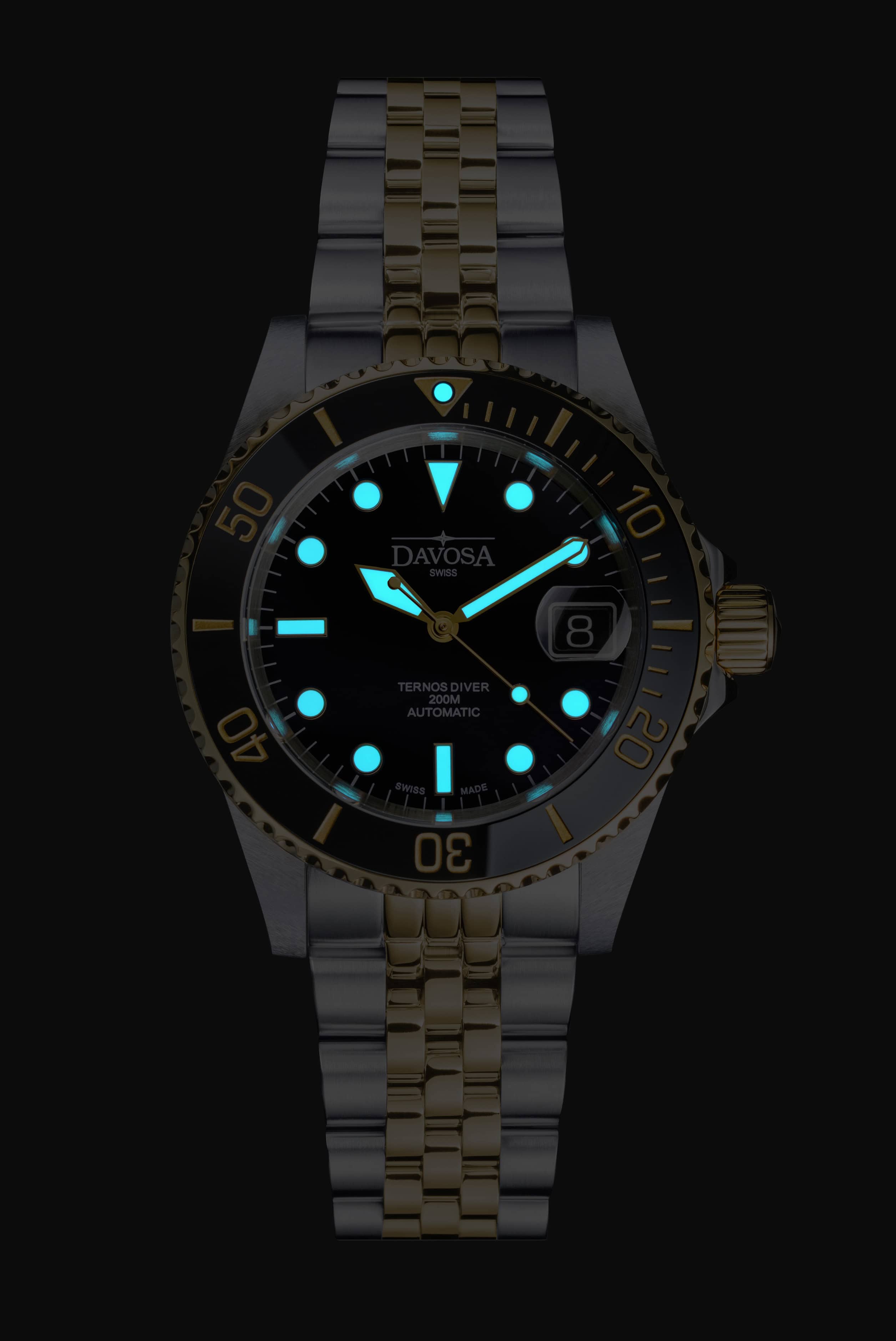 Ternos Diver Automatic Two-Tone 200m Swiss-Made Gold and Black Unisex Diver Watch 161.553.05 With Loupe and Pentalink Bracelet Diver Davosa USA Official Distributor. Prices are Final. Tax & duties included.