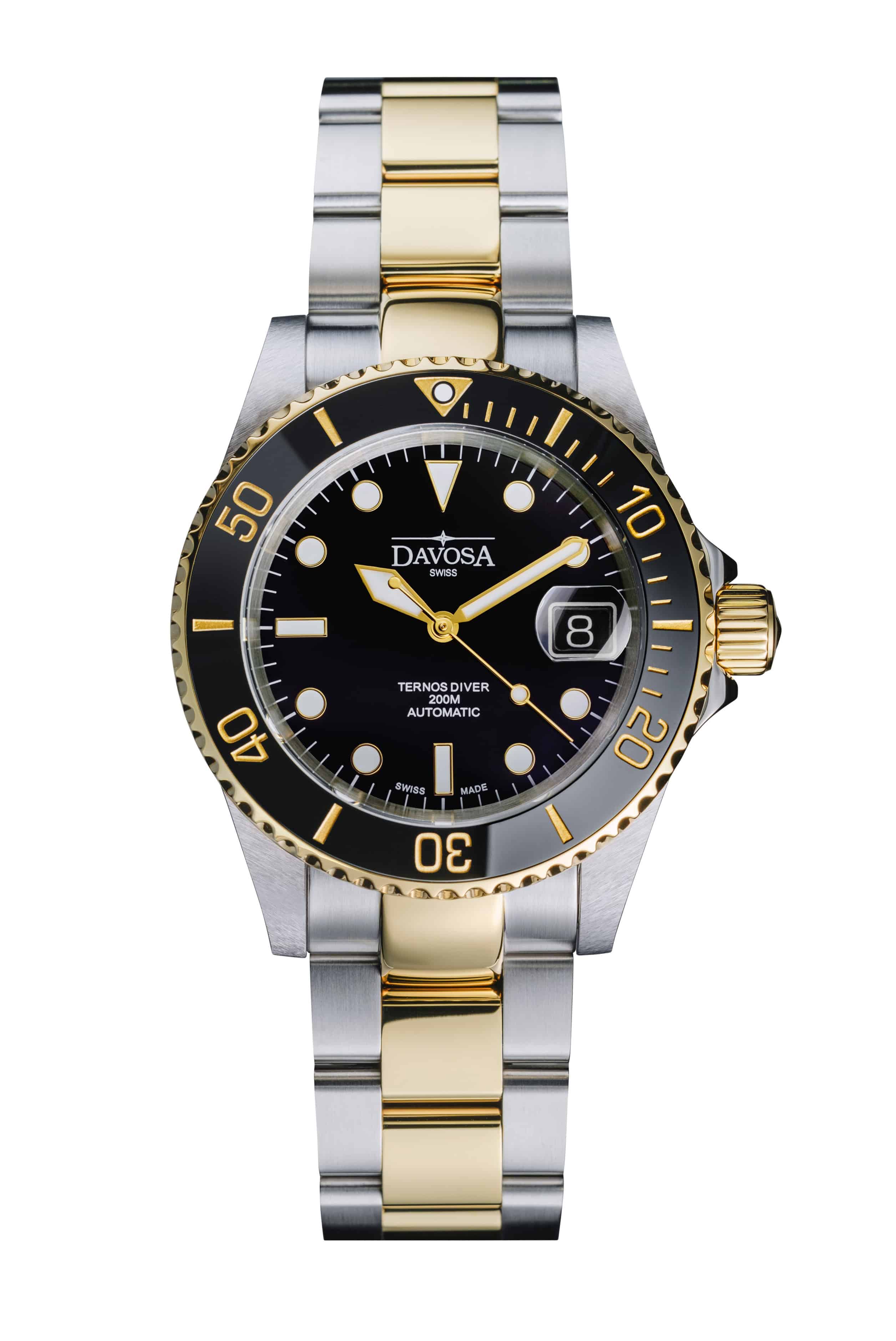 Ternos Diver Automatic Two-Tone 200m Swiss-Made Gold and Black Unisex Diver Watch 161.553.50 With Loupe Diver Davosa USA Official Distributor. Prices are Final. Tax & duties included.