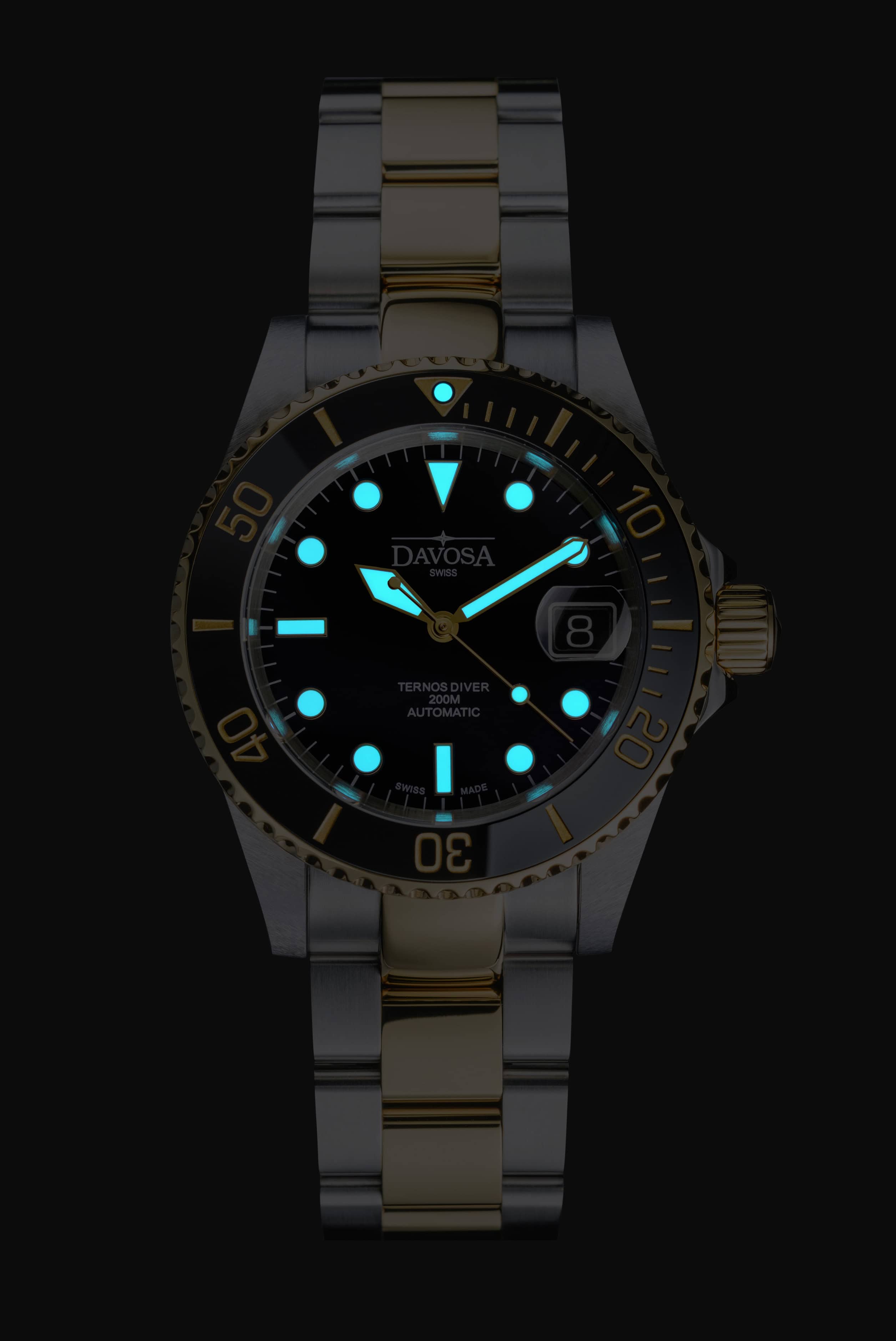 Ternos Diver Automatic Two-Tone 200m Swiss-Made Gold and Black Unisex Diver Watch Diver DAVOSA Swiss