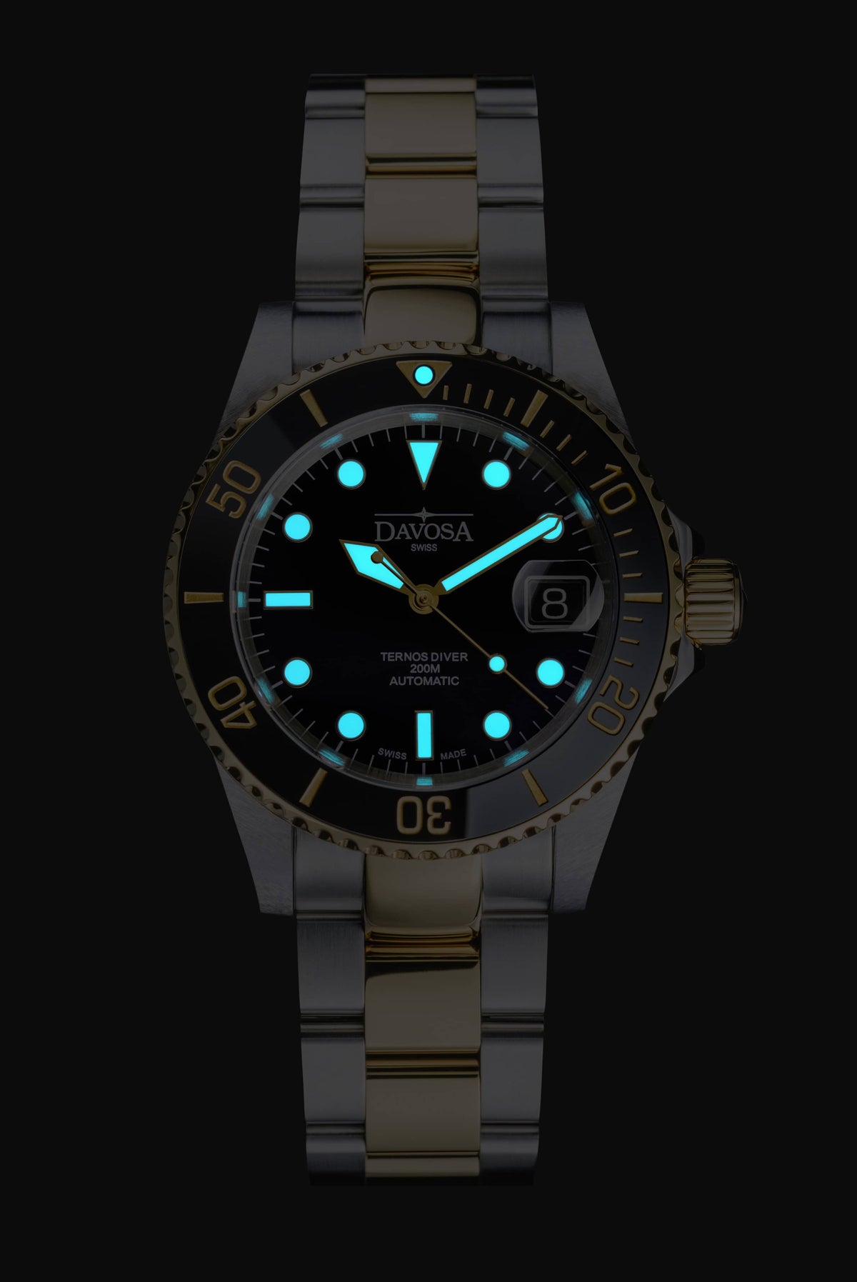 Ternos Diver Automatic Two-Tone 200m Swiss-Made Gold and Black Unisex Diver Watch Diver DAVOSA Swiss