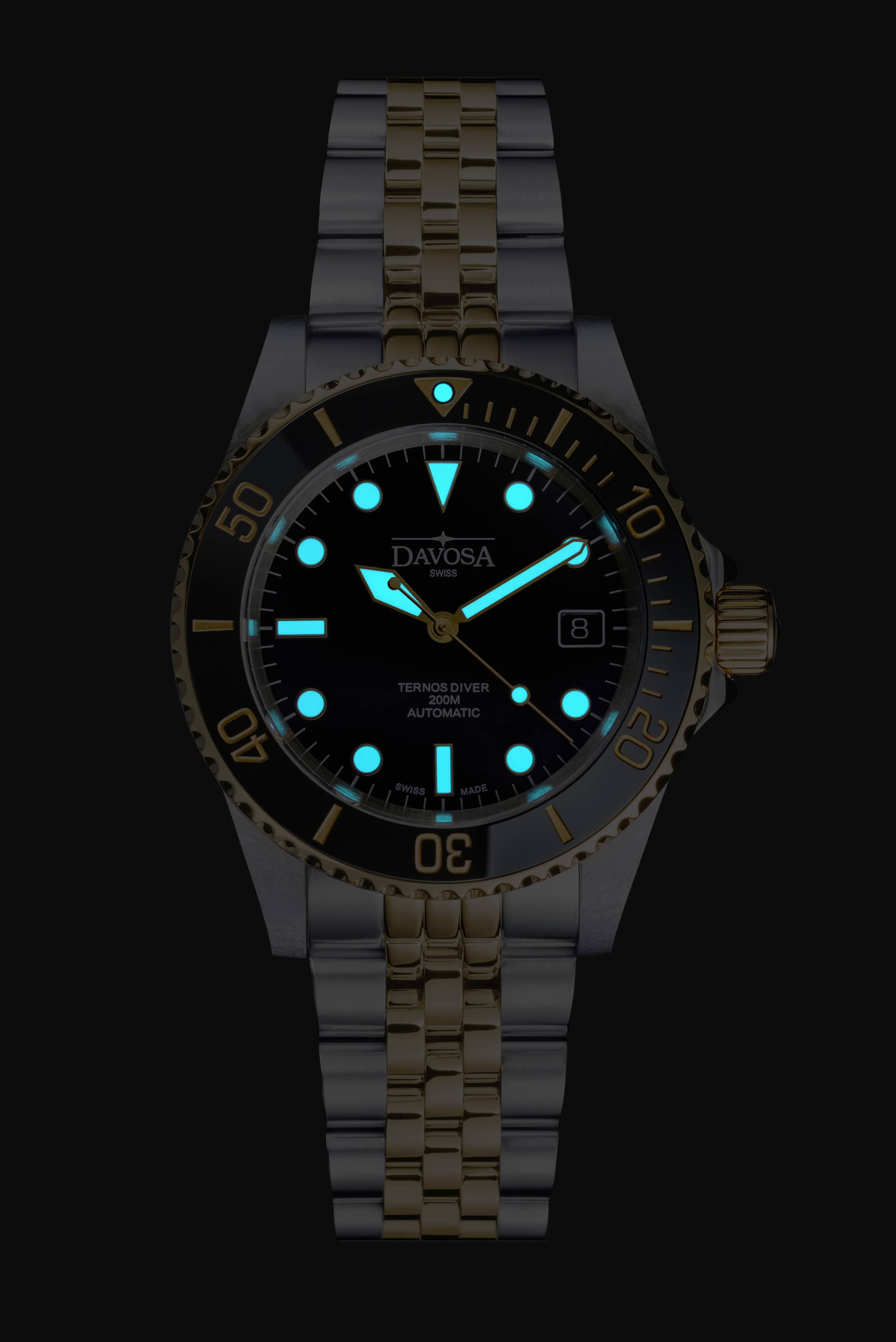Ternos Diver Automatic Two-Tone 200m Swiss-Made Gold and Black Unisex Diver Watch 161.551.05 Without Loupe and Pentalink Bracelet Diver Davosa USA Official Distributor. Prices are Final. Tax & duties included.