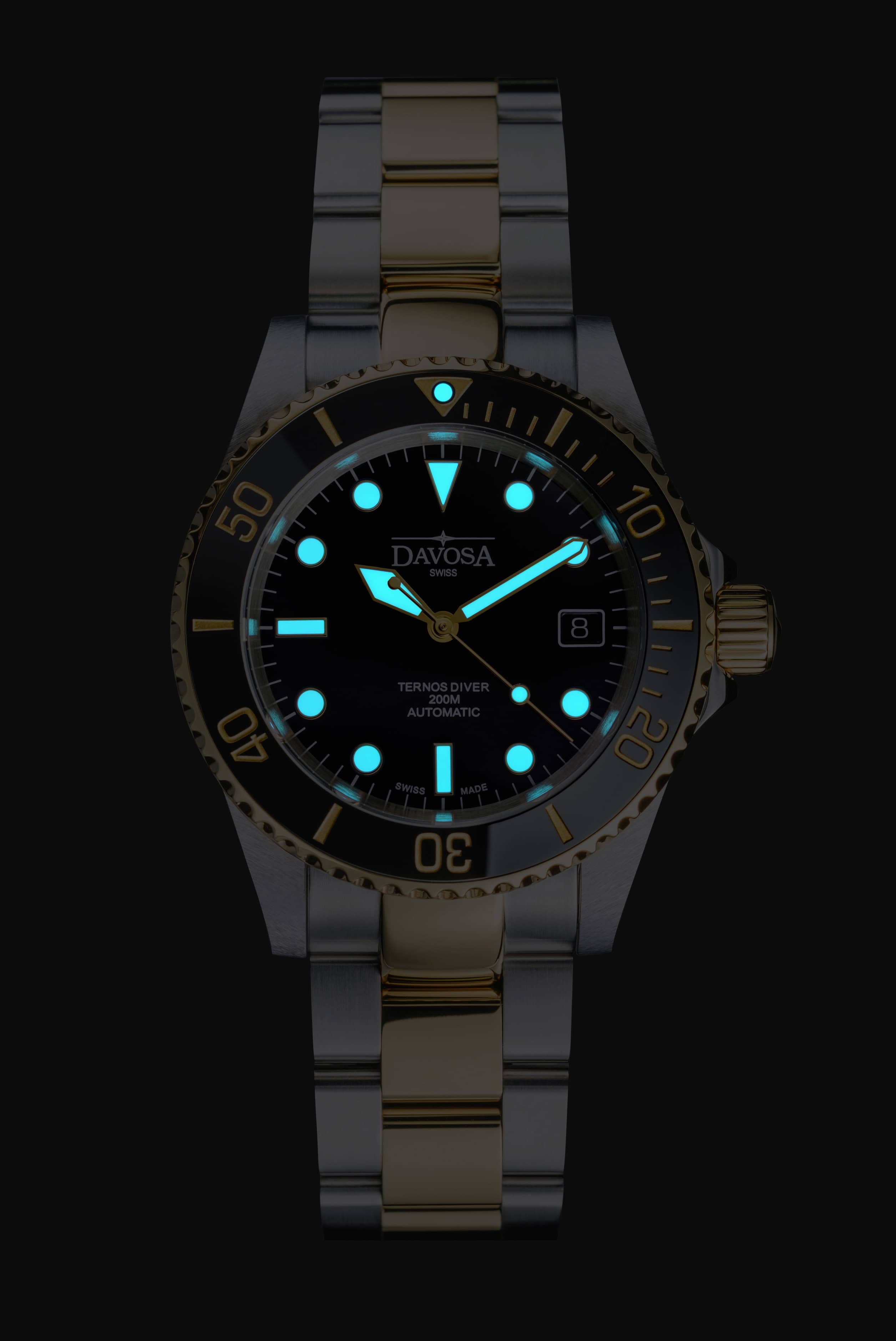 Ternos Diver Automatic Two-Tone 200m Swiss-Made Gold and Black Unisex Diver Watch 161.551.50 Without Loupe Diver Davosa USA Official Distributor. Prices are Final. Tax & duties included.