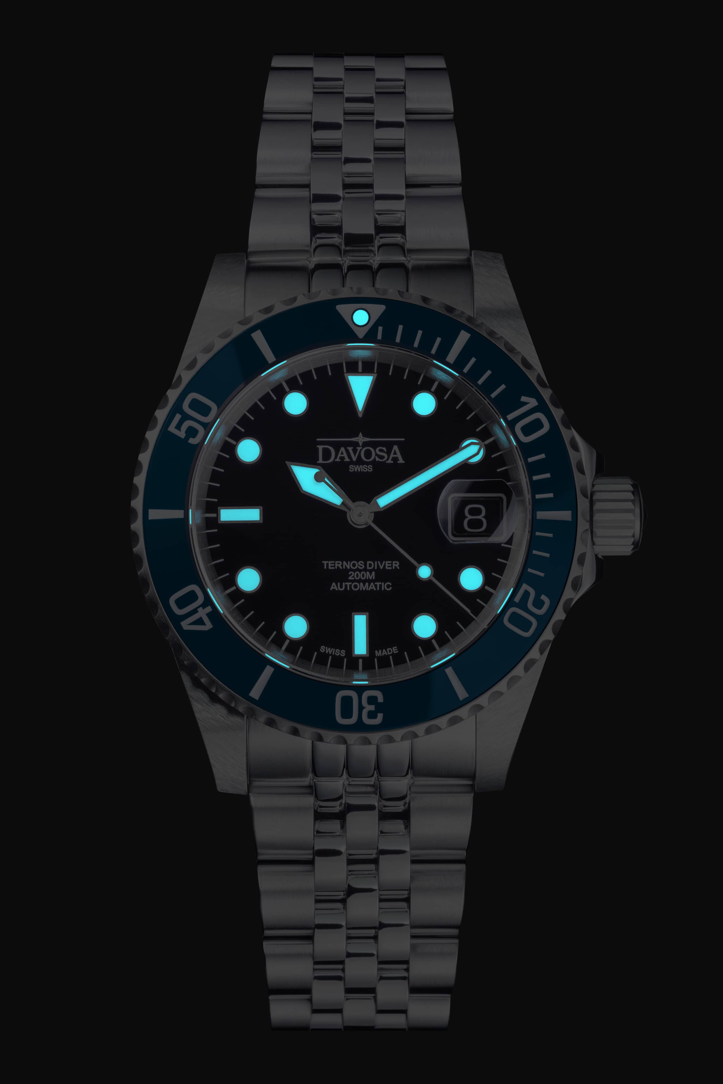 Ternos Diver Automatic 200m Swiss-Made Blue and Black Unisex Diver Watch 161.552.04 With Loupe and Pentalink bracelet Diver Davosa USA Official Distributor. Prices are Final. Tax & duties included.