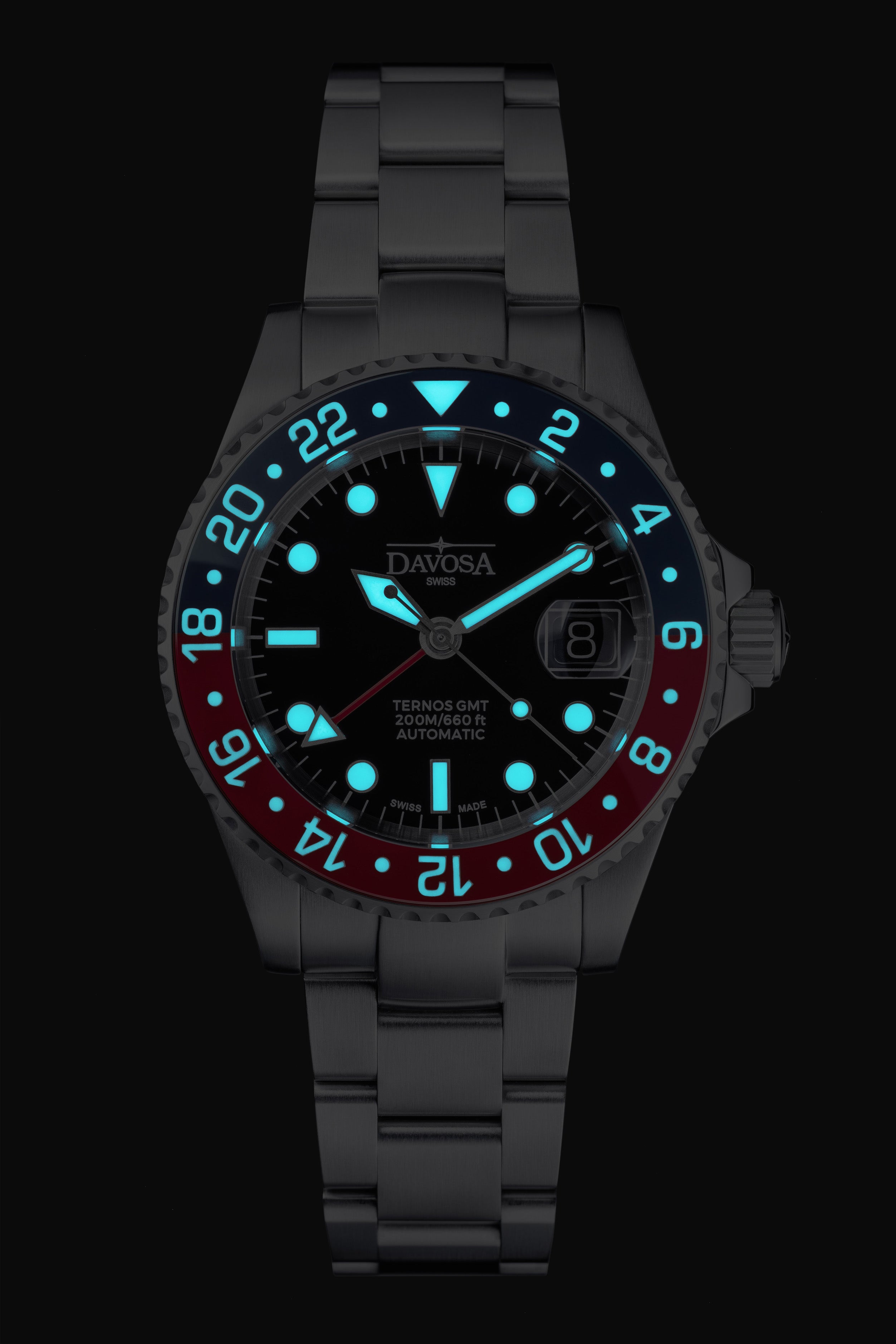 DAVOSA Ternos GMT 40mm Automatic - Swiss Made Dual Time Zone Diver’s Watch - Blue and Red with Loupe Ref. 161.564.60 GMT Davosa USA Official Distributor. Prices are Final. Tax & duties included.