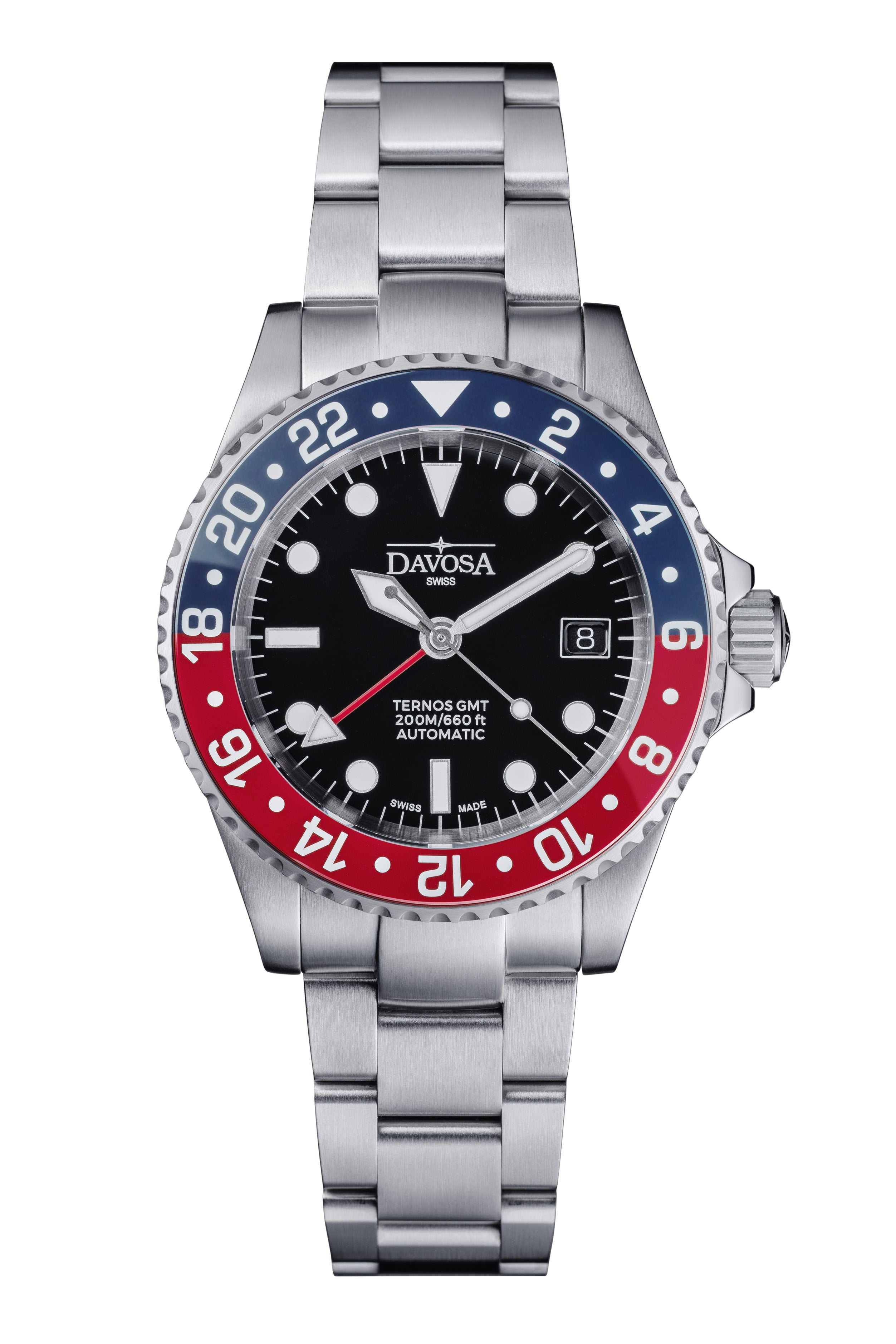 DAVOSA Ternos GMT 40mm Automatic - Swiss Made Dual Time Zone Diver’s Watch - Blue and Red without Loupe Ref. 161.563.60 GMT Davosa USA Official Distributor. Prices are Final. Tax & duties included. Blue-Red Trialink Without Loupe