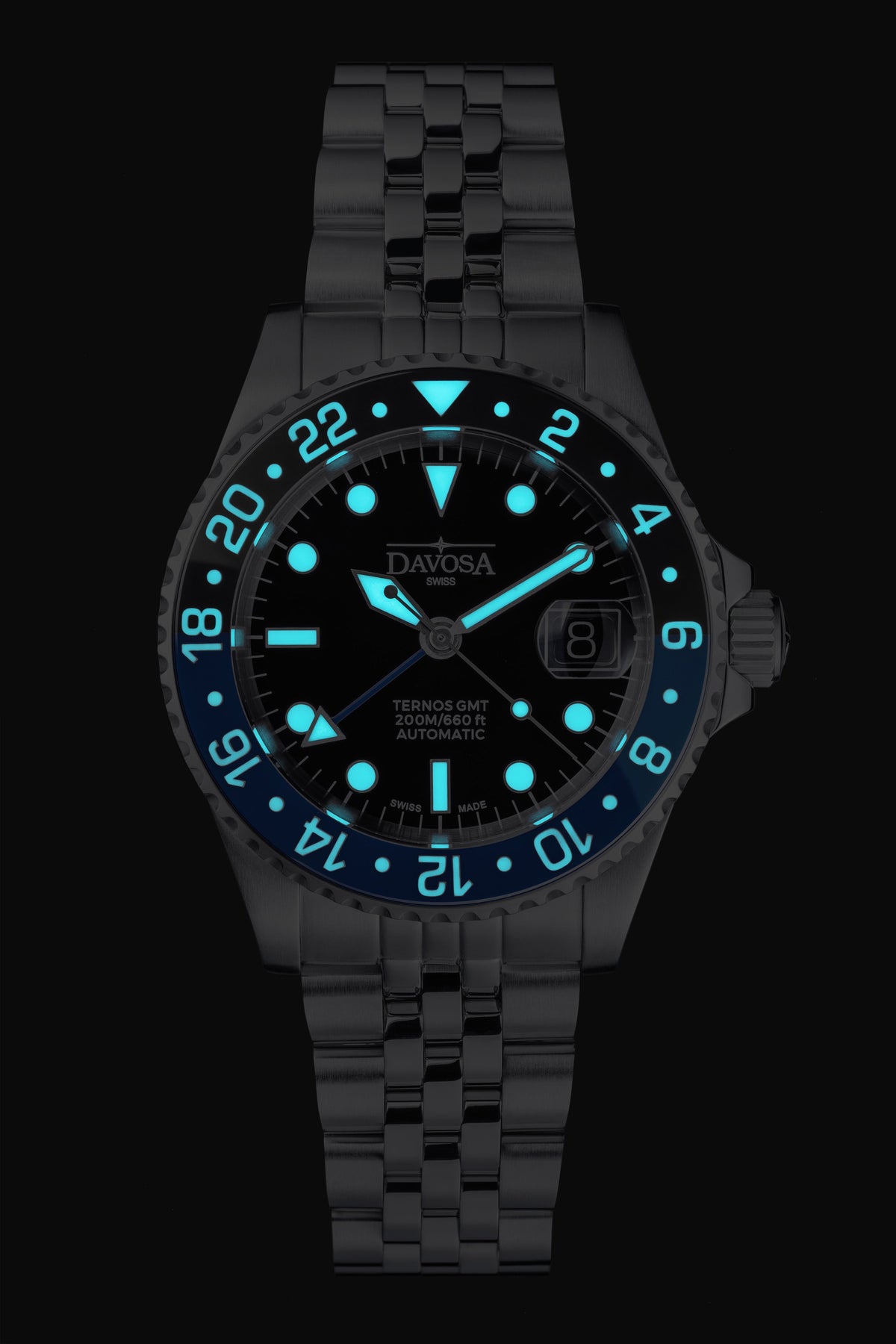 DAVOSA Ternos GMT 40mm Automatic - Swiss Made Dual Time Zone Diver’s Watch - Blue and Black GMT DAVOSA Swiss