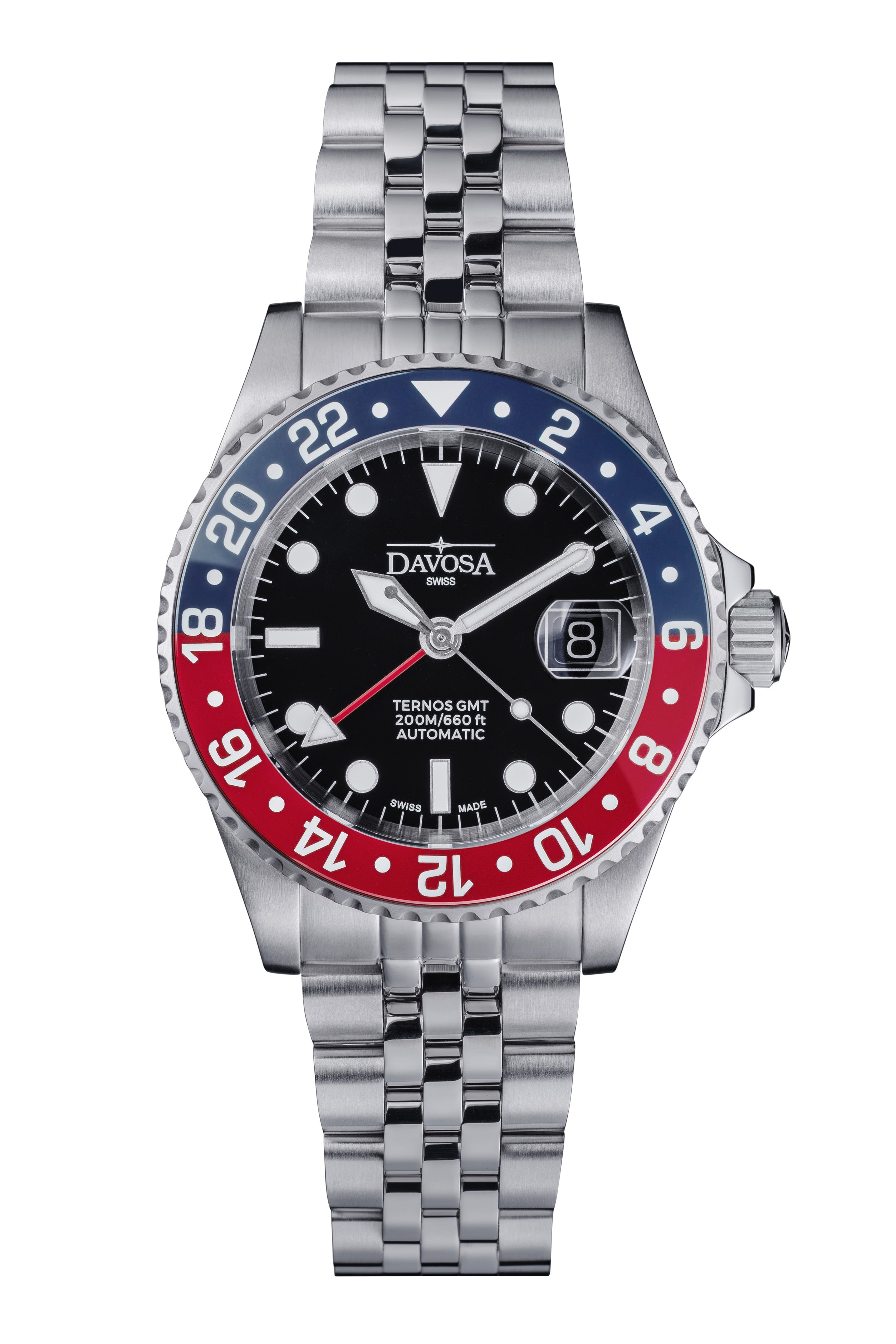 DAVOSA Ternos GMT 40mm Automatic - Swiss Made Dual Time Zone Diver’s Watch - Blue and Red with Loupe Ref. 161.564.06 GMT Davosa USA Official Distributor. Prices are Final. Tax & duties included. Blue-Red Pentalink With Loupe