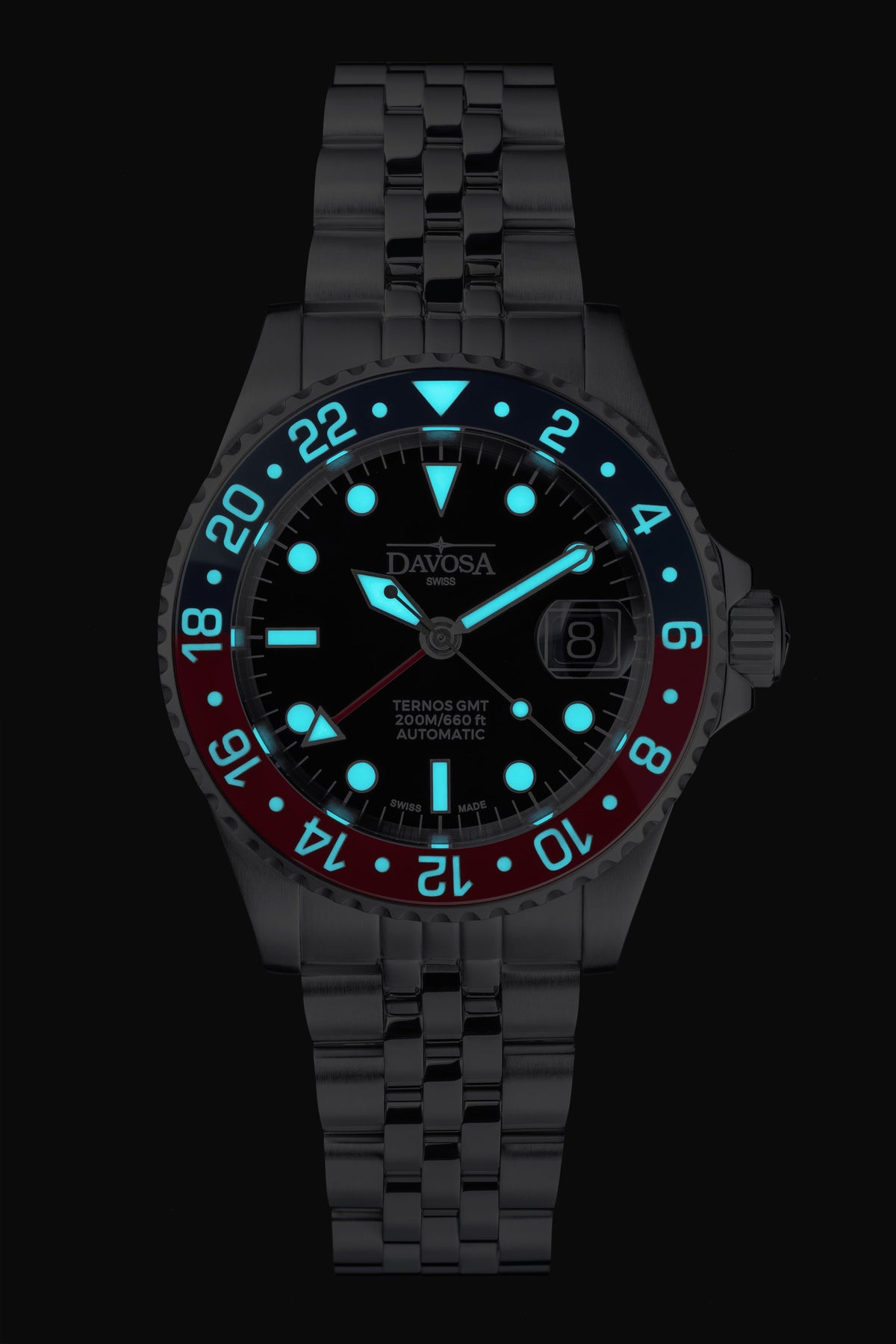 DAVOSA Ternos GMT 40mm Automatic - Swiss Made Dual Time Zone Diver’s Watch - Blue and Red GMT DAVOSA Swiss