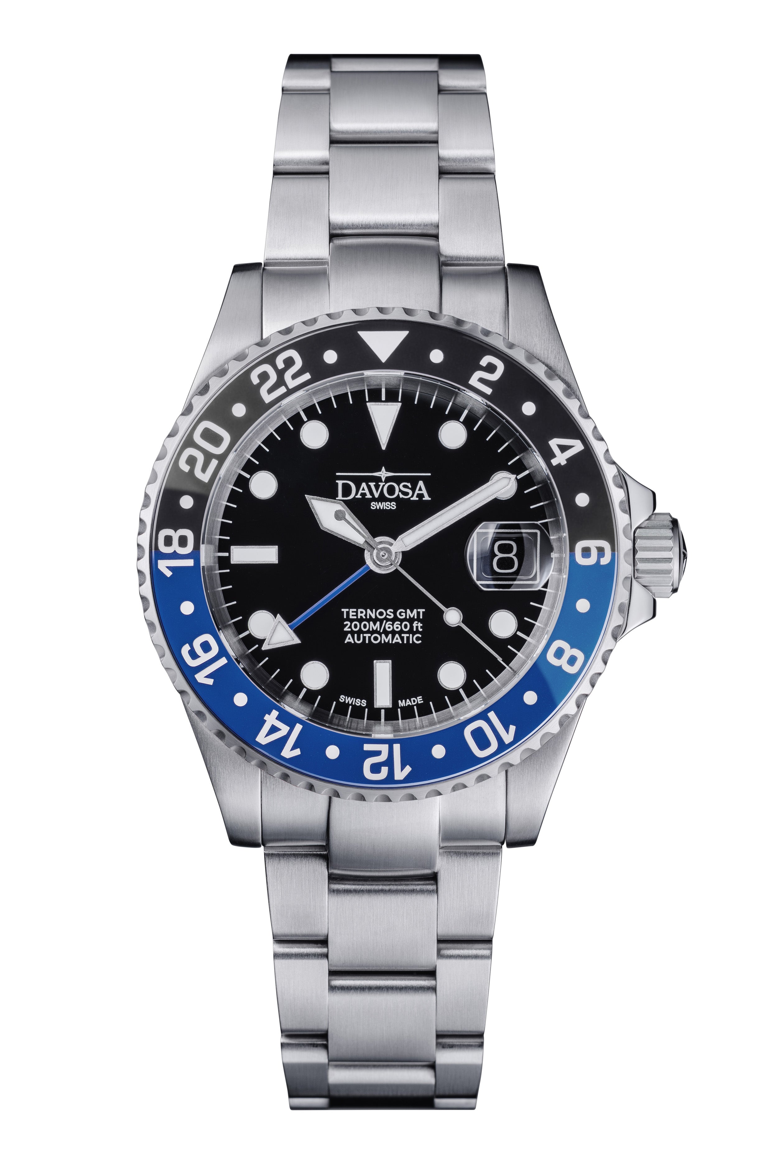 DAVOSA Ternos GMT 40mm Automatic - Swiss Made Dual Time Zone Diver’s Watch - Blue and Black with Loupe Ref. 161.564.40 GMT Davosa USA Official Distributor. Prices are Final. Tax & duties included. Black-Blue Trialink With Loupe
