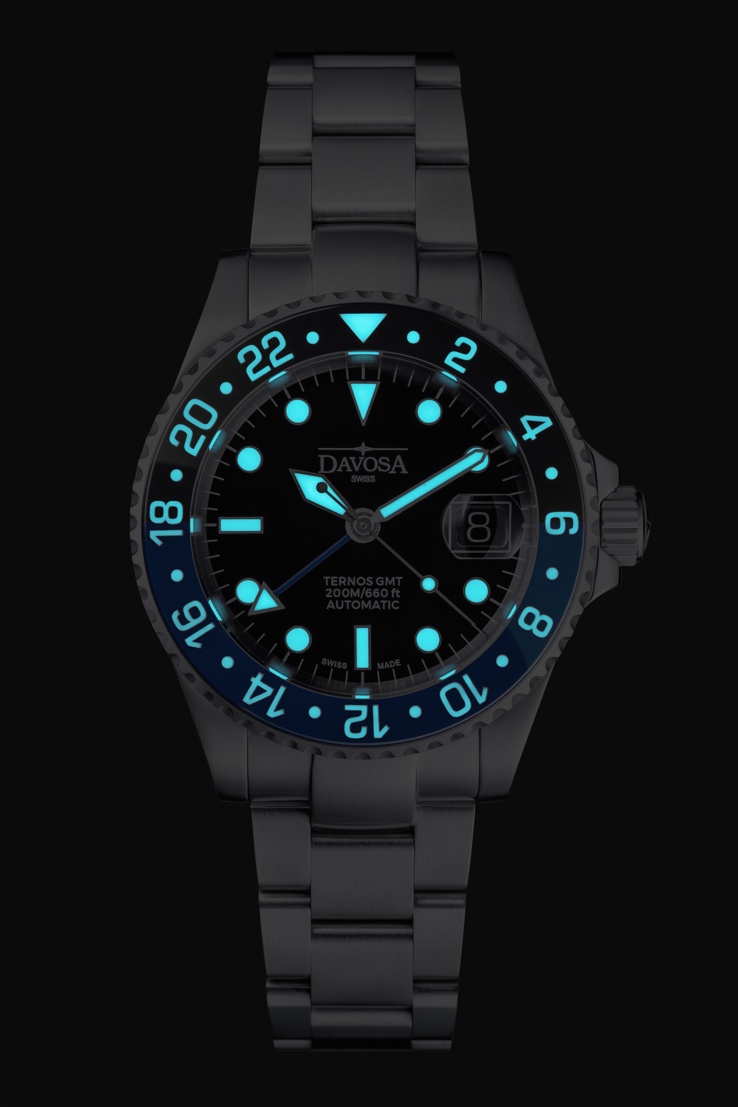 DAVOSA Ternos GMT 40mm Automatic - Swiss Made Dual Time Zone Diver’s Watch - Blue and Black with Loupe Ref. 161.564.40 GMT Davosa USA Official Distributor. Prices are Final. Tax & duties included.