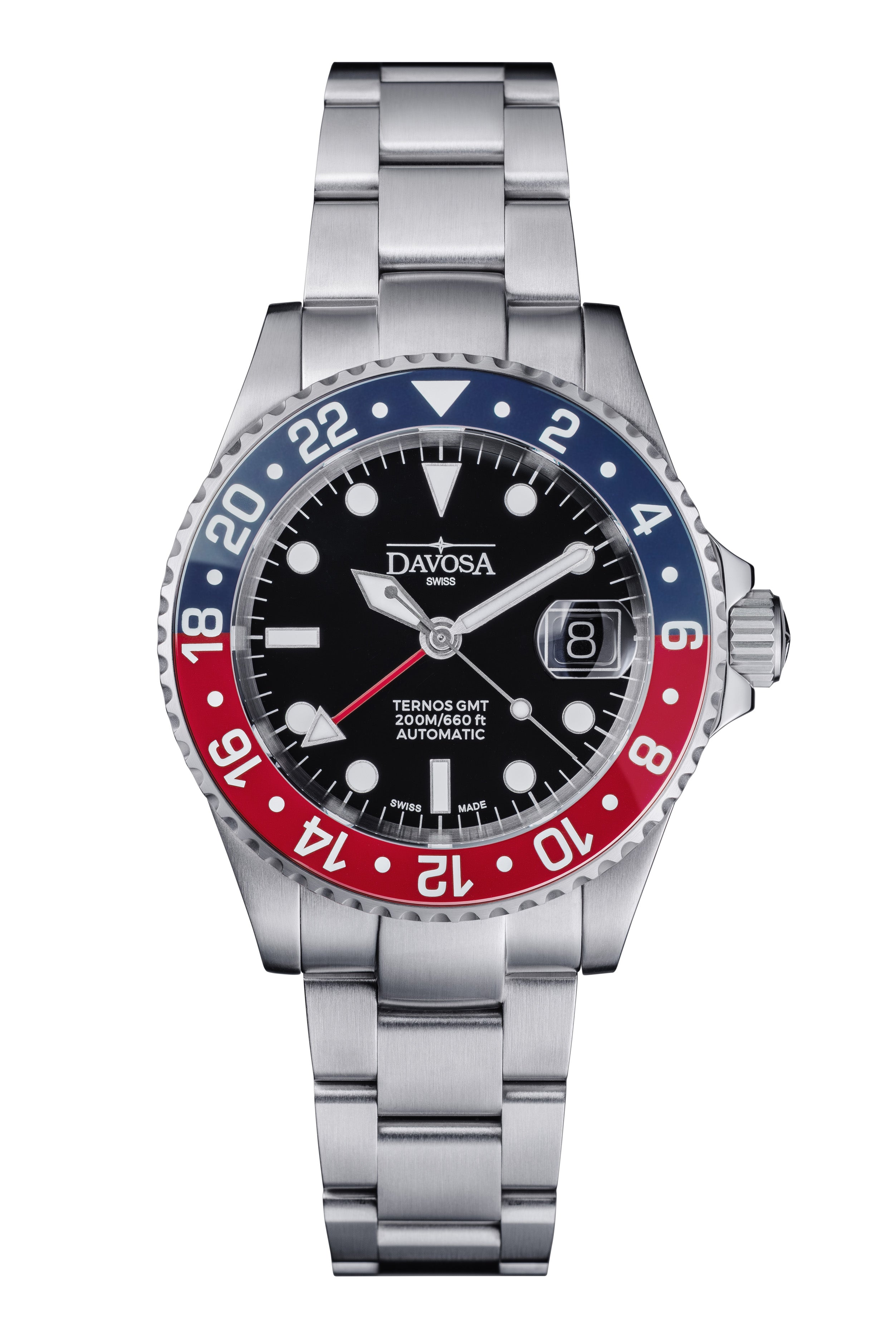 DAVOSA Ternos GMT 40mm Automatic - Swiss Made Dual Time Zone Diver’s Watch - Blue and Red with Loupe Ref. 161.564.60 GMT Davosa USA Official Distributor. Prices are Final. Tax & duties included.