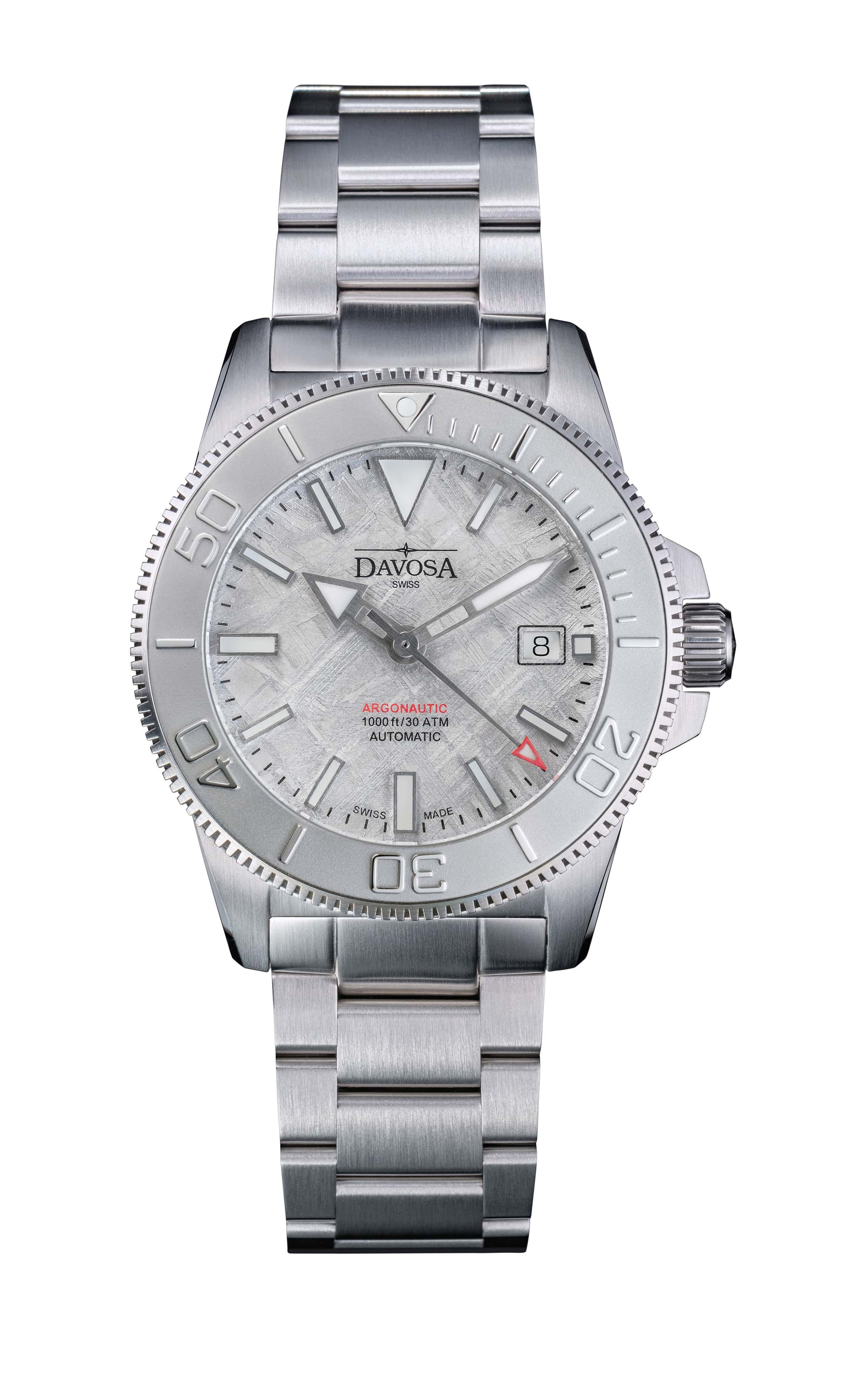 Davosa Argonautic Meteorite 161.544.10 automatic diver watch, front view of the Muonionalusta meteorite dial on a stainless steel bracelet