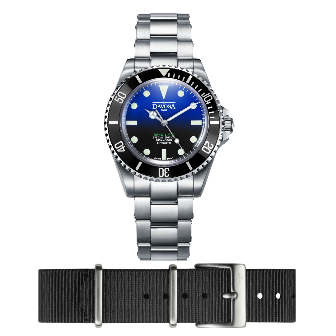 Ternos Sixties Seahorse Special US Edition Faded Blue 16152590 + Black Nylon Strap Bundle  Davosa USA Official Distributor. Prices are Final. Tax & duties included.   