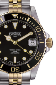 Ternos Medium Automatic Swiss-Made Black Gold Diver Watch 16619705 Diver Davosa USA Official Distributor. Prices are Final. Tax & duties included. 36.5mm Black-Gold PentaLink