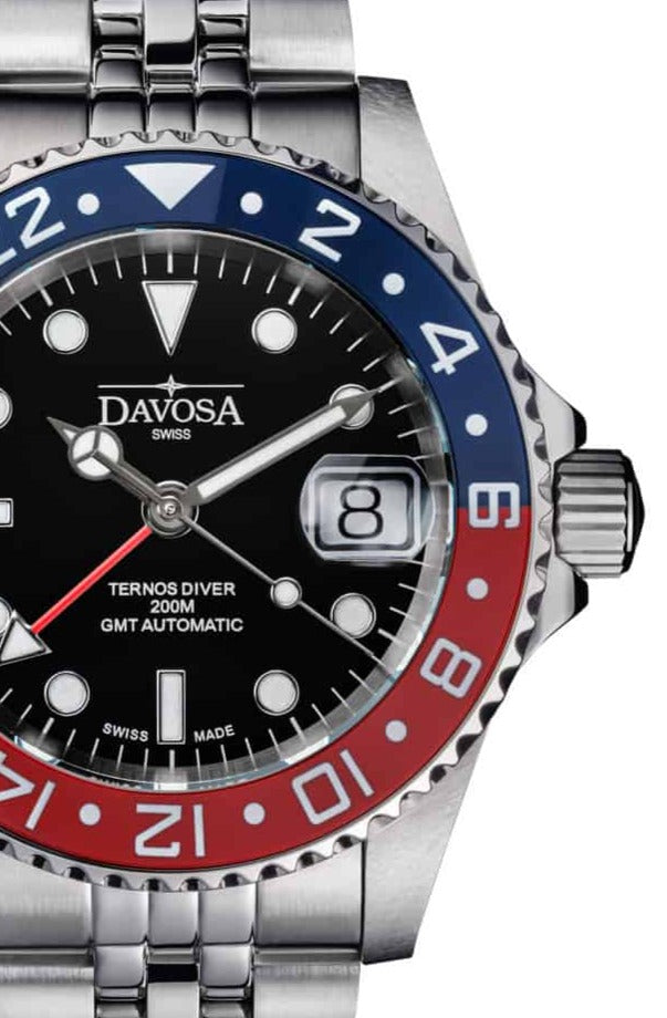 Ternos Ceramic Automatic GMT Swiss-Made Blue Red Diving Watch 16159006 GMT Davosa USA Official Distributor. Prices are Final. Tax & duties included.   