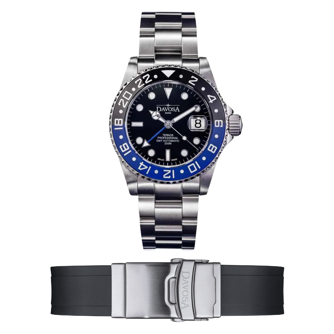 Ternos Professional GMT Black Blue 16157145 + Extra Rubber Strap Bundle Watches Davosa USA Official Distributor. Prices are Final. Tax & duties included.   