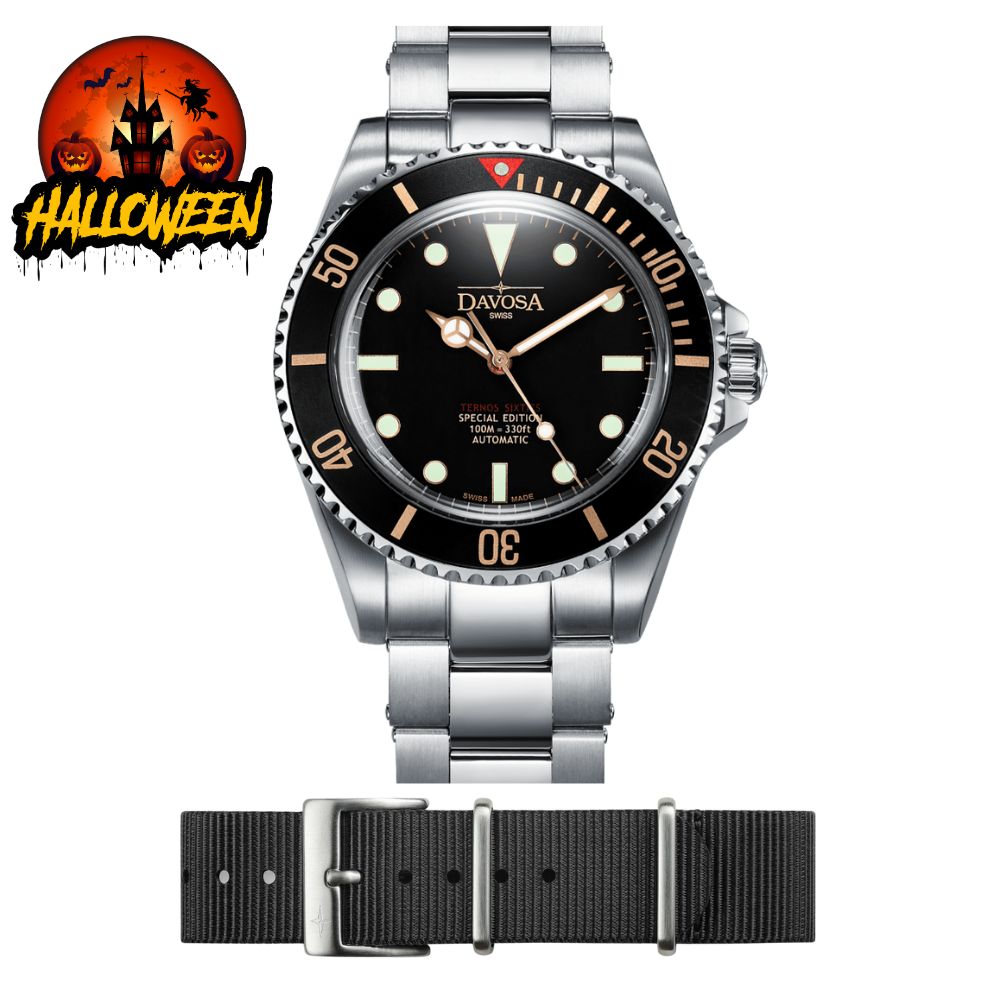 Halloween Bundle Ternos sixties golden seahorse special US edition (Sapphire crystal) 16152591 Swiss made 40mm unisex wristwatch + Nylon Strap Diver Davosa USA Official Distributor. Prices are Final. Tax & duties included.   