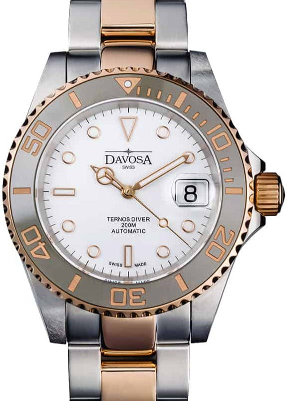 Ternos Ceramic Automatic Swiss-Made White Rose Gold Diving Watch 16155563 Diver Davosa USA Official Distributor. Prices are Final. Tax & duties included.   