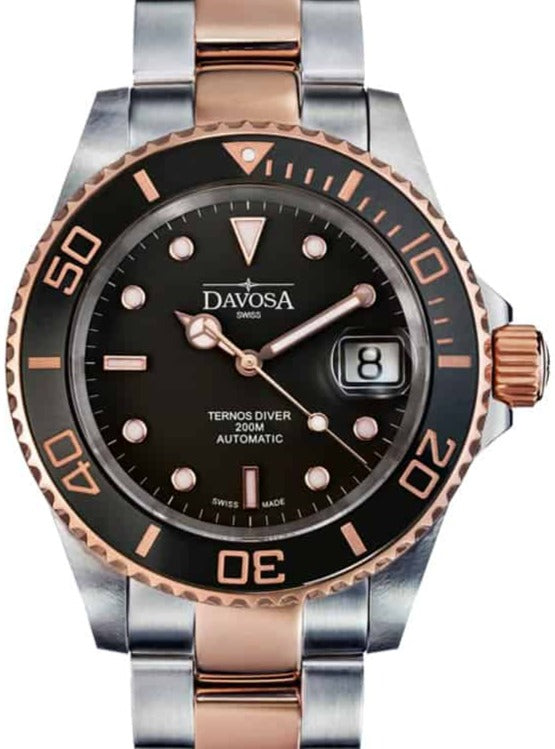 Ternos Ceramic Automatic Swiss-Made Black Rose Gold Diving Watch 16155565 Diver Davosa USA Official Distributor. Prices are Final. Tax & duties included.   