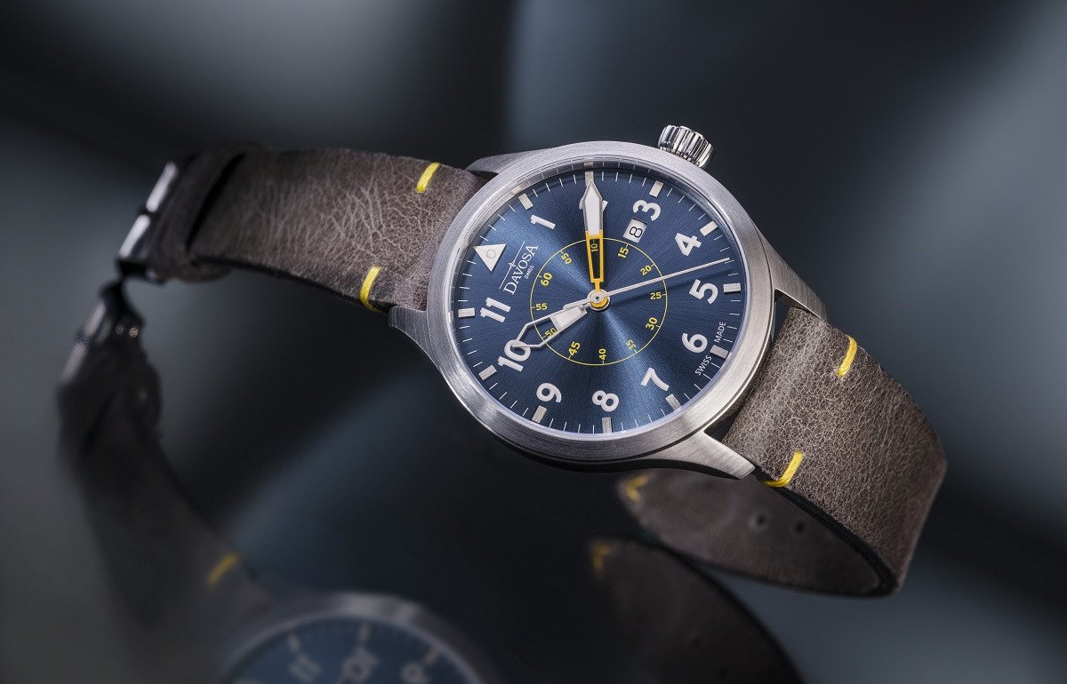 Neoteric Automatic Swiss-Made Blue Yellow Pilot Watch 16156546 Pilot Davosa USA Official Distributor. Prices are Final. Tax & duties included.   