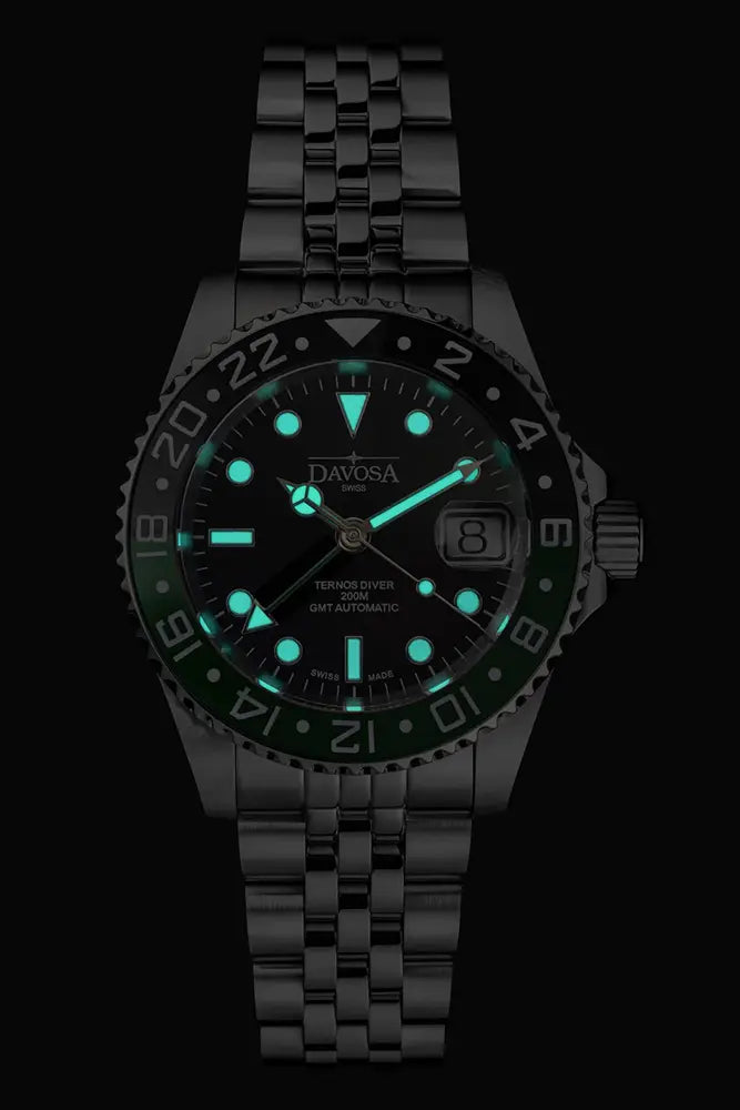 Ternos Ceramic Automatic GMT Swiss-Made Black Green Diving Watch 16159007 GMT Davosa USA Official Distributor. Prices are Final. Tax & duties included.   