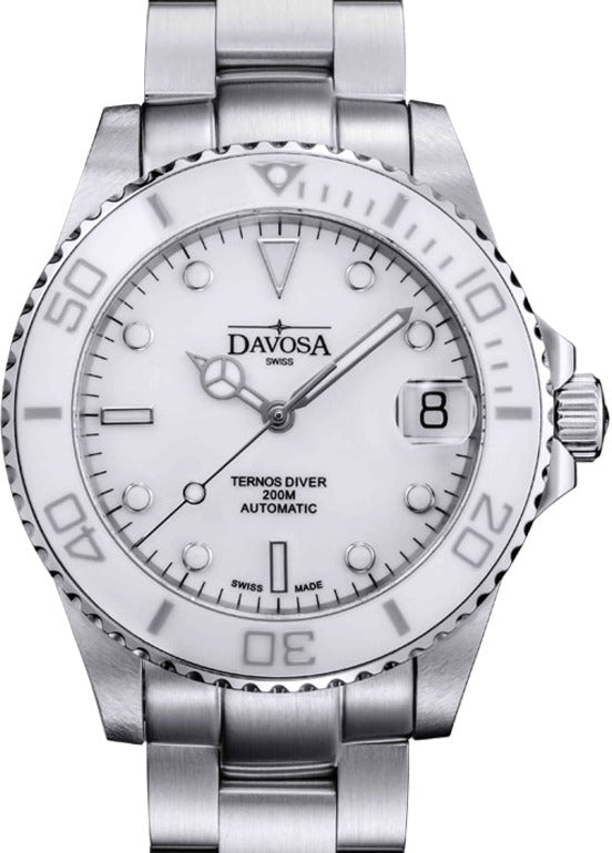 Ternos Medium Automatic Swiss-Made White Diving Watch 16619510 Diver Davosa USA Official Distributor. Prices are Final. Tax & duties included.   