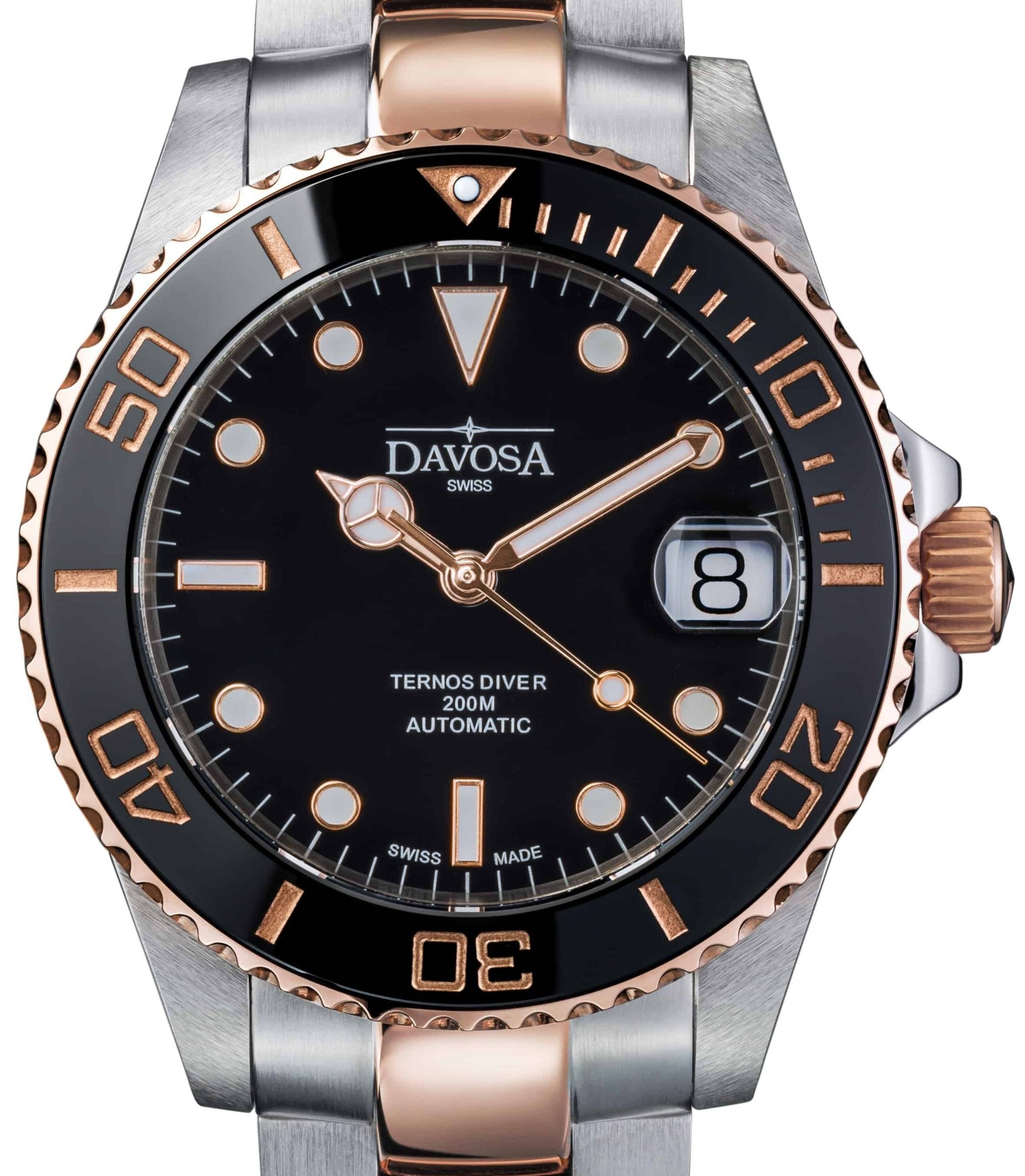 Ternos Medium Automatic Black Rose Gold Diving Watch 16619650 Diver Davosa USA Official Distributor. Prices are Final. Tax & duties included. 36.5mm Black-Rose Gold TriaLink