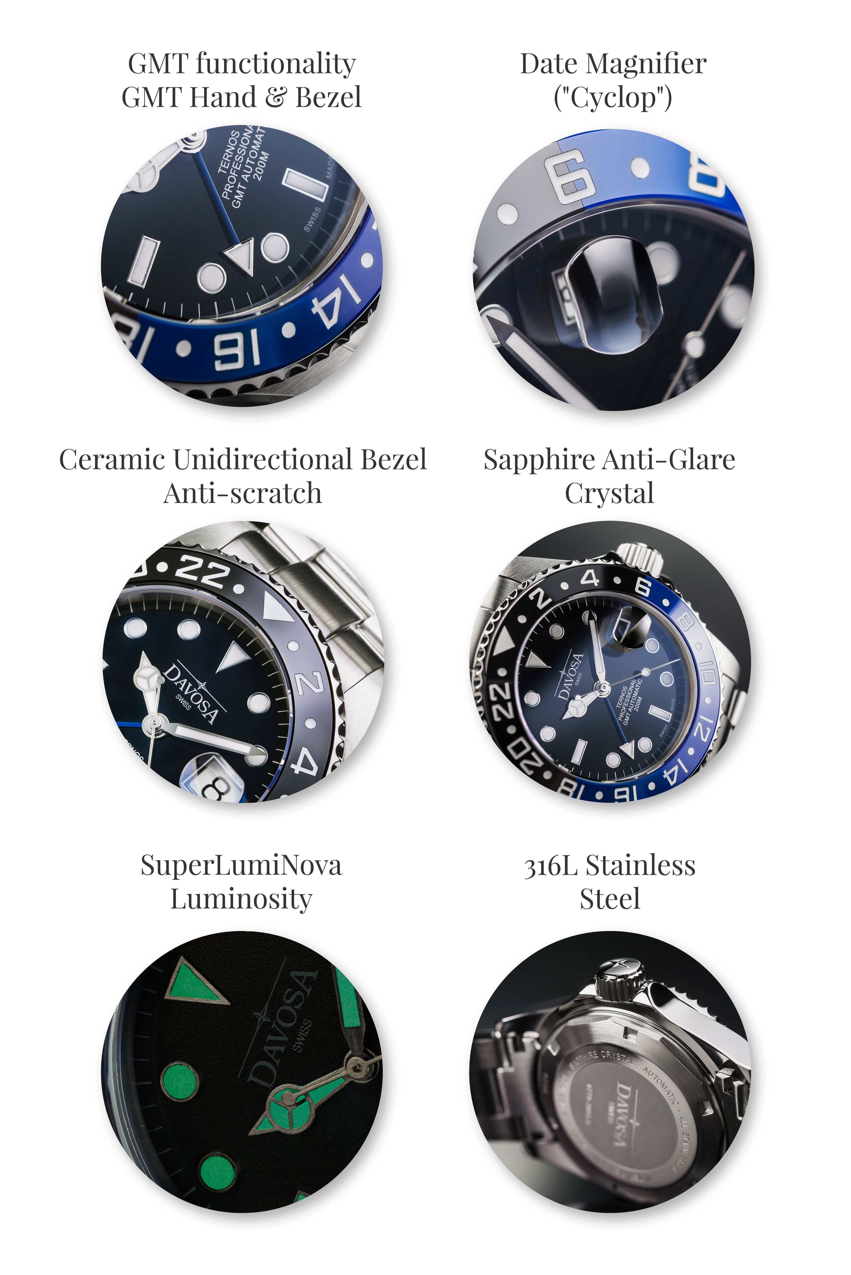 Ternos Professional Automatic 200m GMT Black Blue Diving Watch 16157104 GMT Davosa USA Official Distributor. Prices are Final. Tax & duties included.   