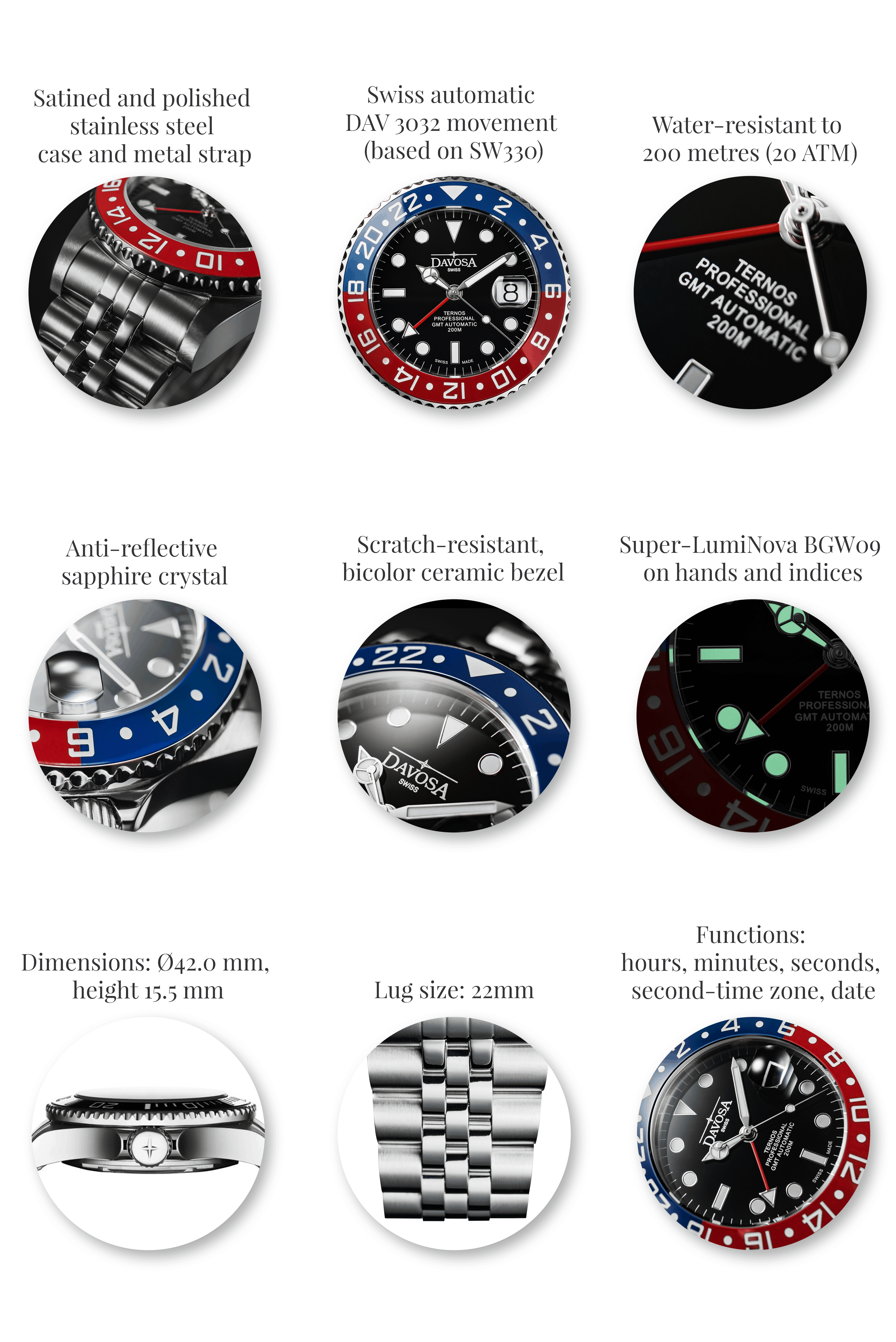 Ternos Professional Automatic 200m GMT Red Blue Diving Watch 16157106 GMT Davosa USA Official Distributor. Prices are Final. Tax & duties included.   