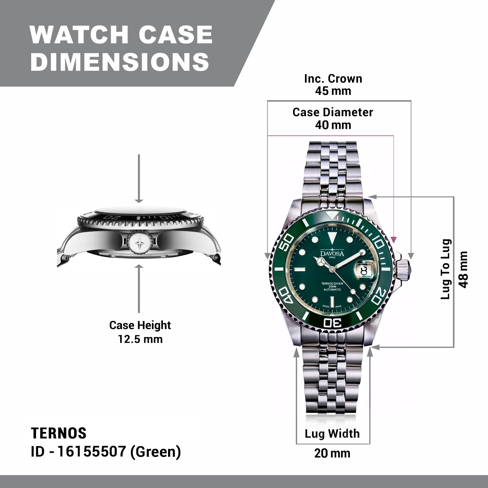 Ternos Ceramic Automatic 200m Green Diving Watch 16155507 Diver Davosa USA Official Distributor. Prices are Final. Tax & duties included.