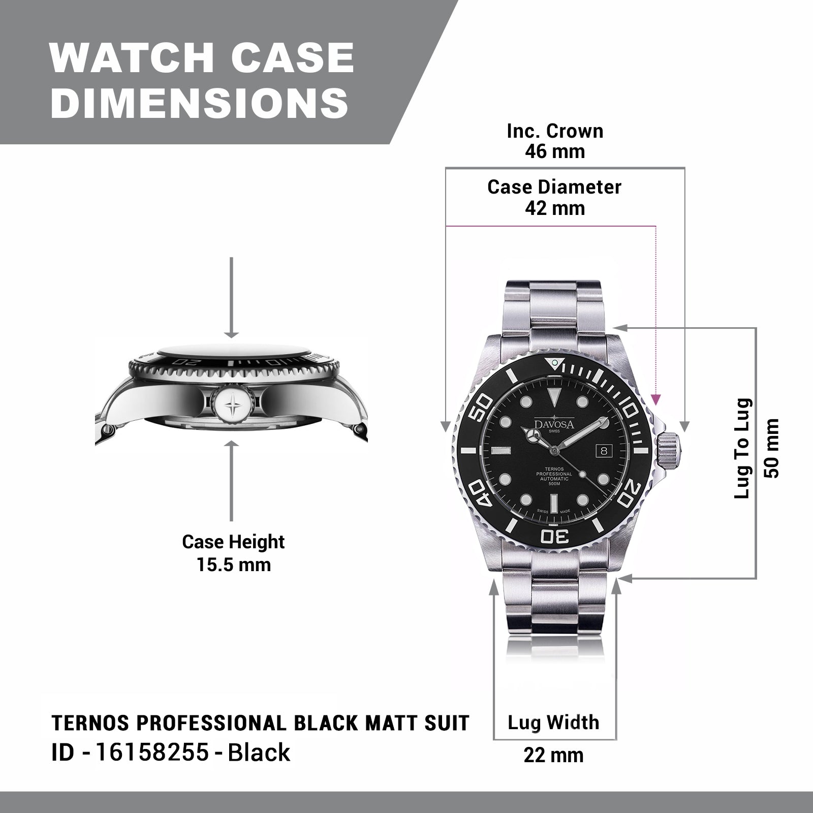 Ternos Professional Automatic 500m Black Matt Suit Diving Watch 16158255 Limited Edition - One last unit! Diver Davosa USA Official Distributor. Prices are Final. Tax & duties included.