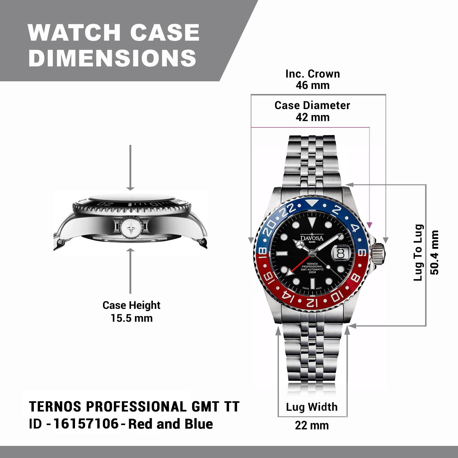 Ternos Professional Automatic 200m GMT Red Blue Diving Watch 16157106 GMT Davosa USA Official Distributor. Prices are Final. Tax & duties included.   